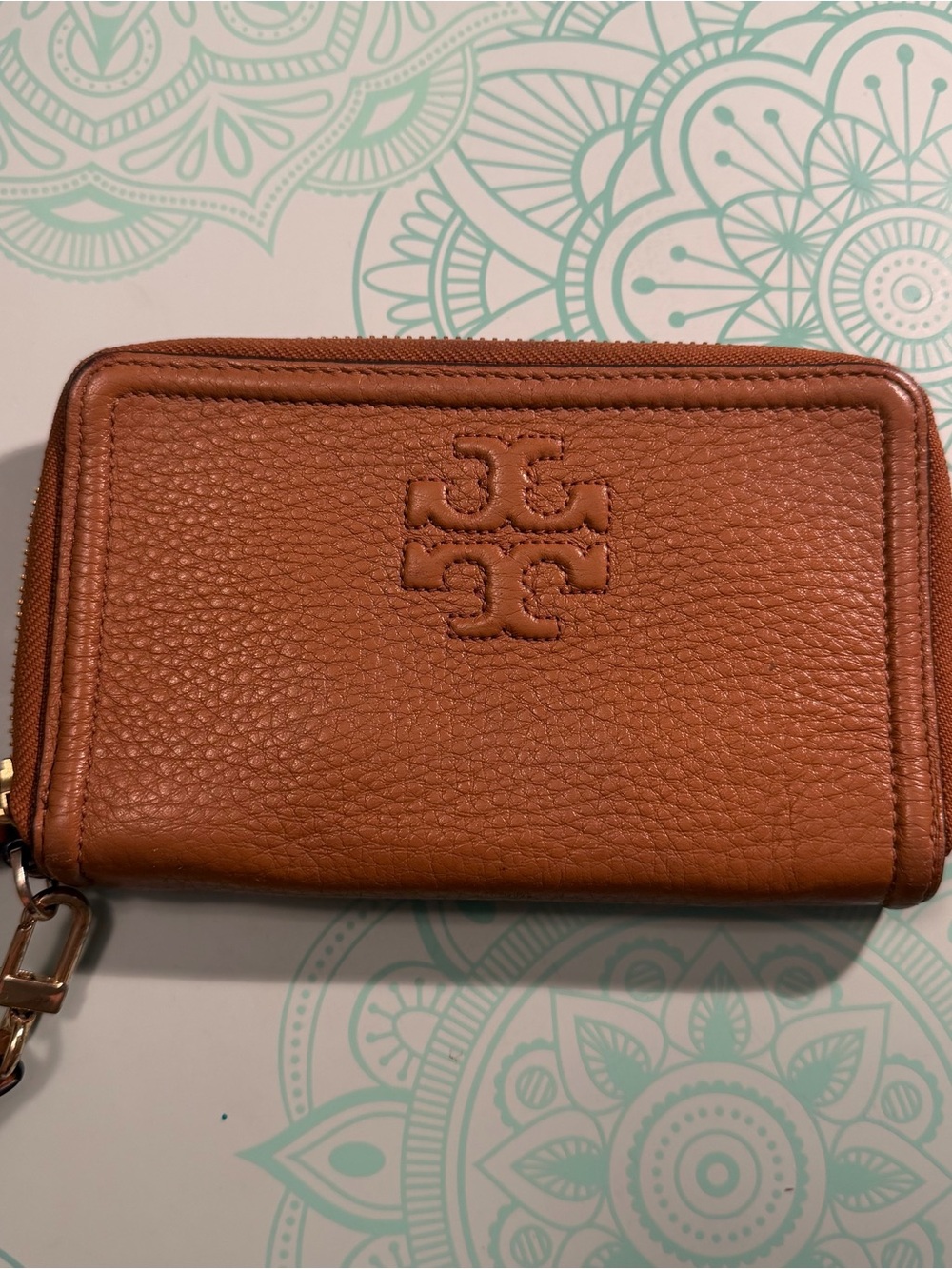 Tory Burch Pebbled Leather Zip Wristlet/Wallet - Chestnut